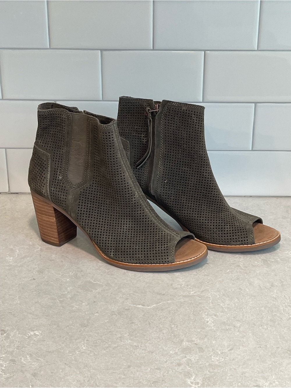 Toms Majorca Perforated Peep-Toe Suede Ankle Booties - Olive 9.5 W